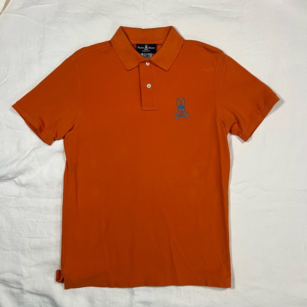 Psycho Bunny Polo Shirt Orange Skull Bunny Logo Mens Size 5 (Medium)